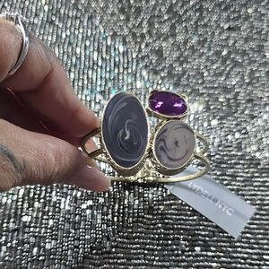 LYDELL NYC Gold Cuff Bracelet with Gray Marbled and Purple Stones
